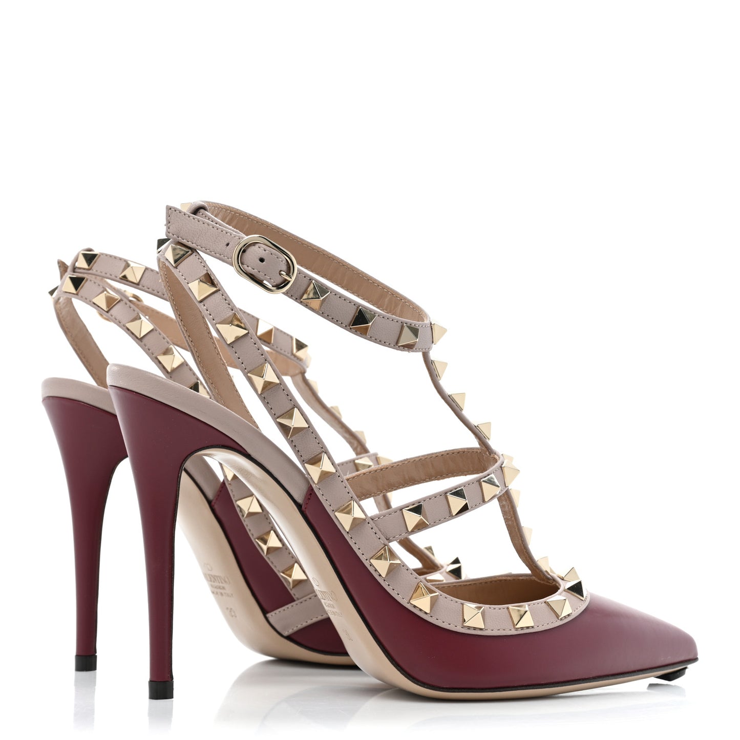 Calfskin Nappa Rockstud Ankle Strap 100mm Pumps 38 Rubin Poudre