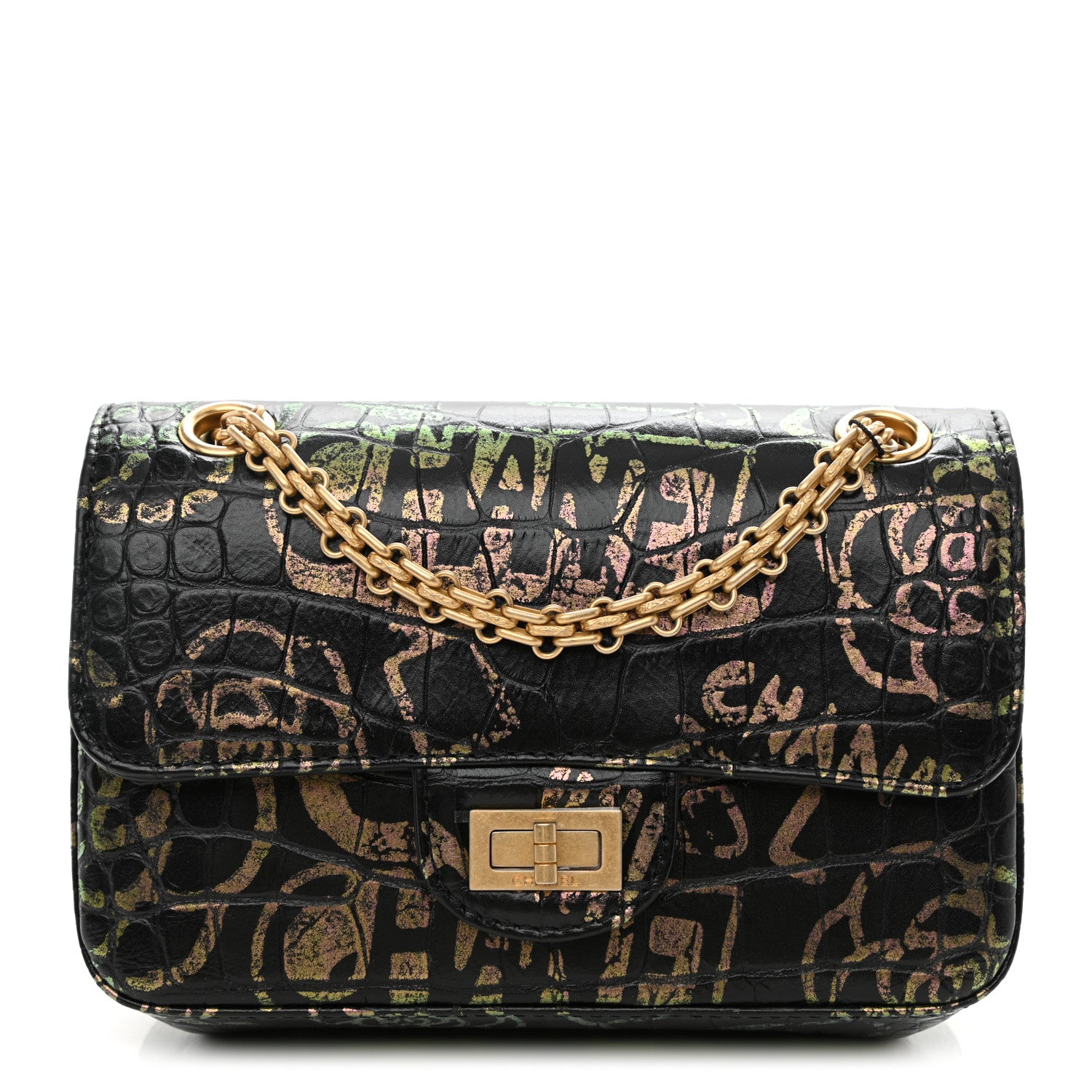 Chanel Calfskin Crocodile Embossed Graffiti 2.55 Mini Cocodile Reissue Flap Black Gold 1 of 8