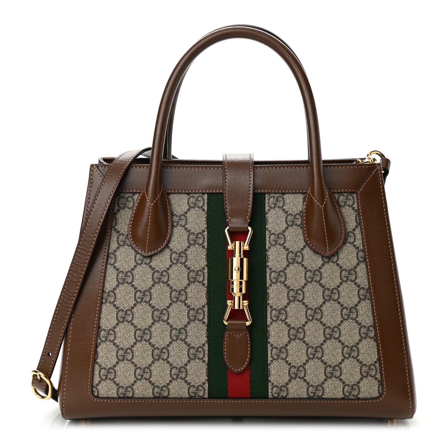 GG Supreme Monogram Azalea Calfskin Web Medium Jackie 1961 Tote Beige Ebony Brown Sugar