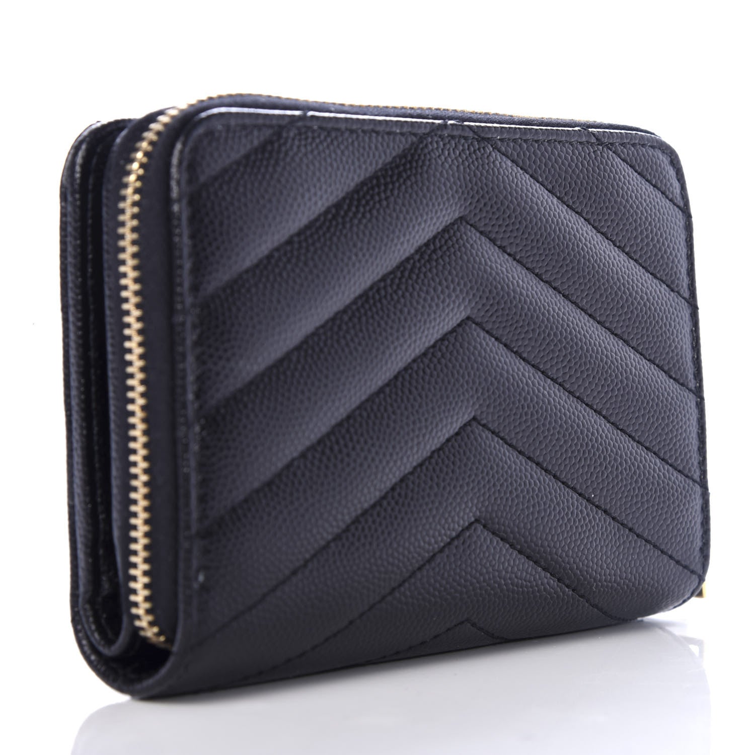 Saint Laurent Grain De Poudre Matelasse Chevron Monogram Compact Zip Around Wallet Black 3 of 8