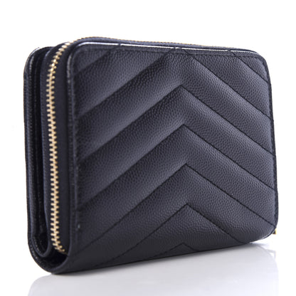 Saint Laurent Grain De Poudre Matelasse Chevron Monogram Compact Zip Around Wallet Black 3 of 8