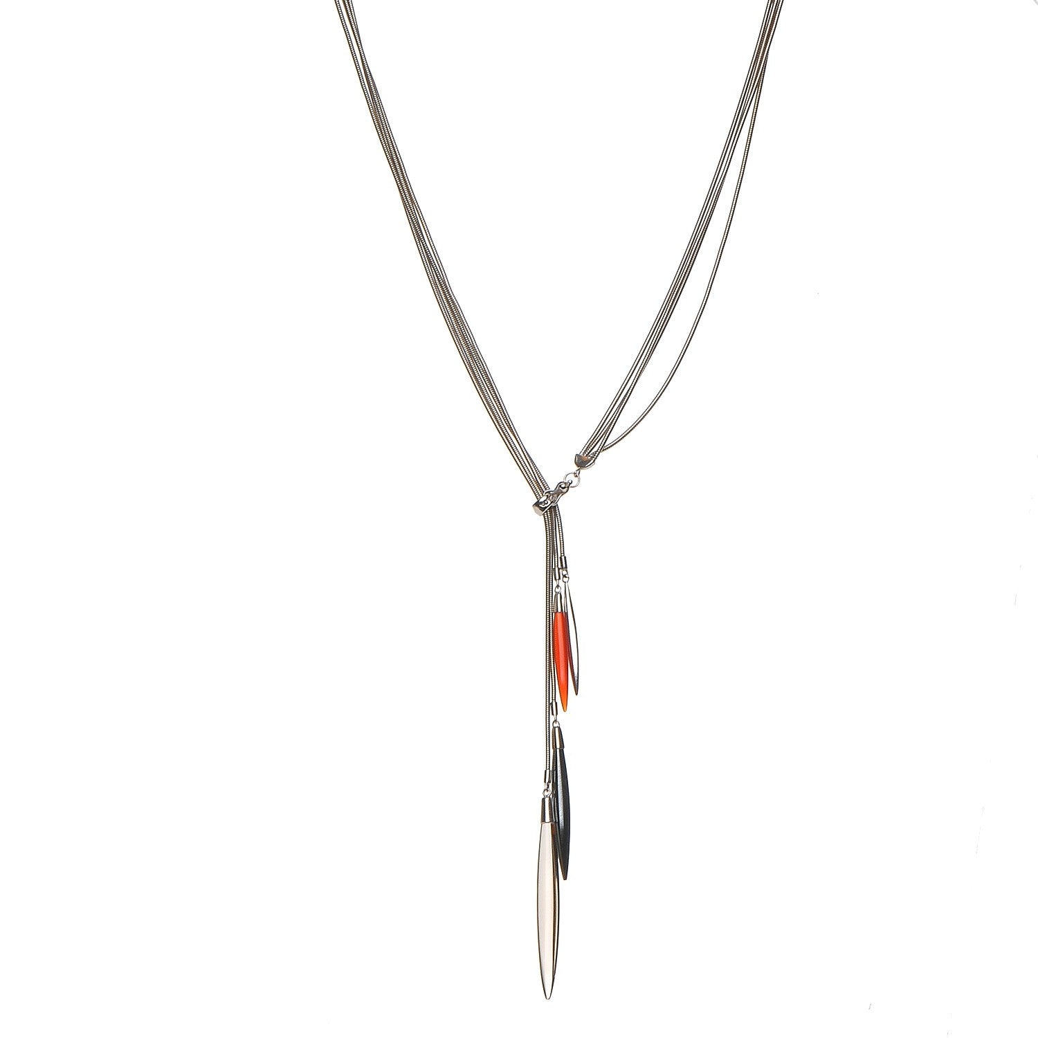 Tiffany 18k White Gold Hematite Carnelian Smoky Quartz Metal Feather Lariat Necklace 1 of 9