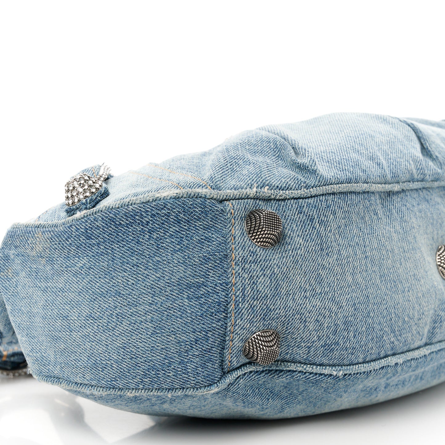 Washed Frayed Denim Crystal Small Le Cagole Shoulder Bag Blue