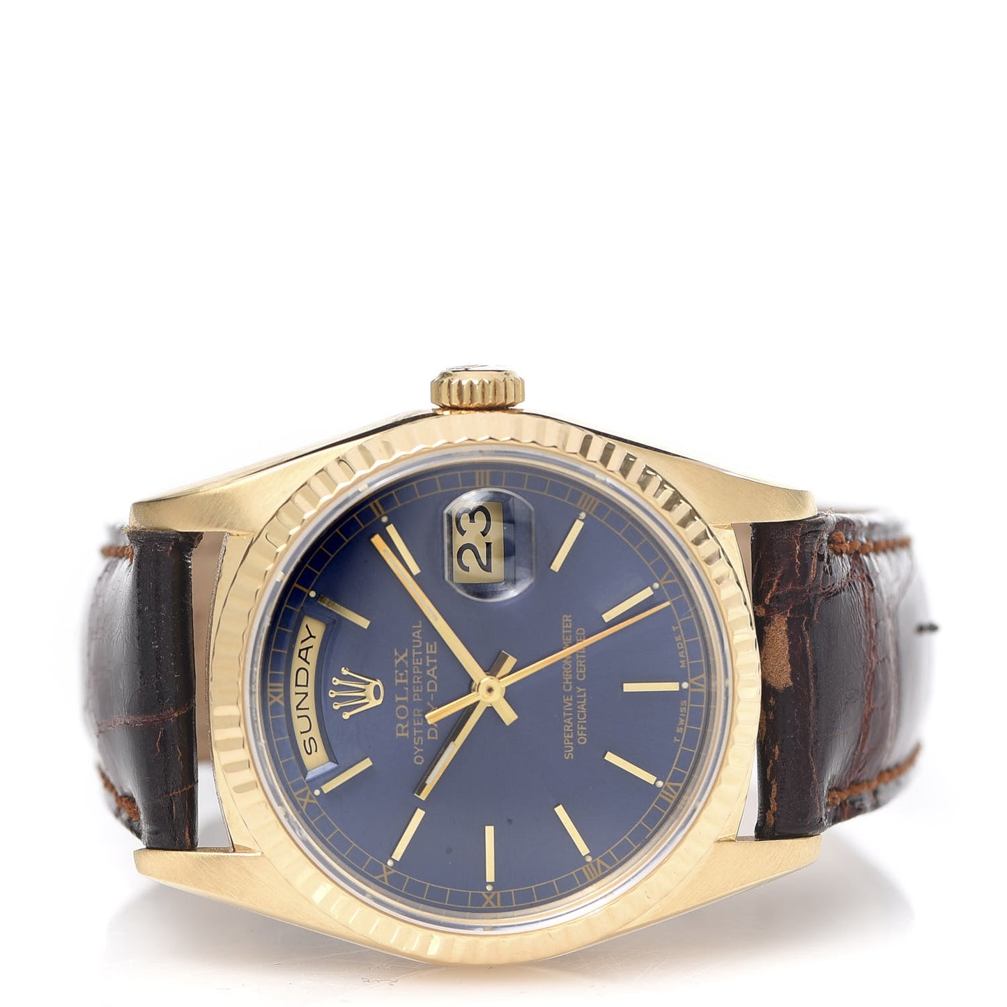 18K Yellow Gold Alligator 36mm Oyster Perpetual Day-Date Watch Bright Blue 18238