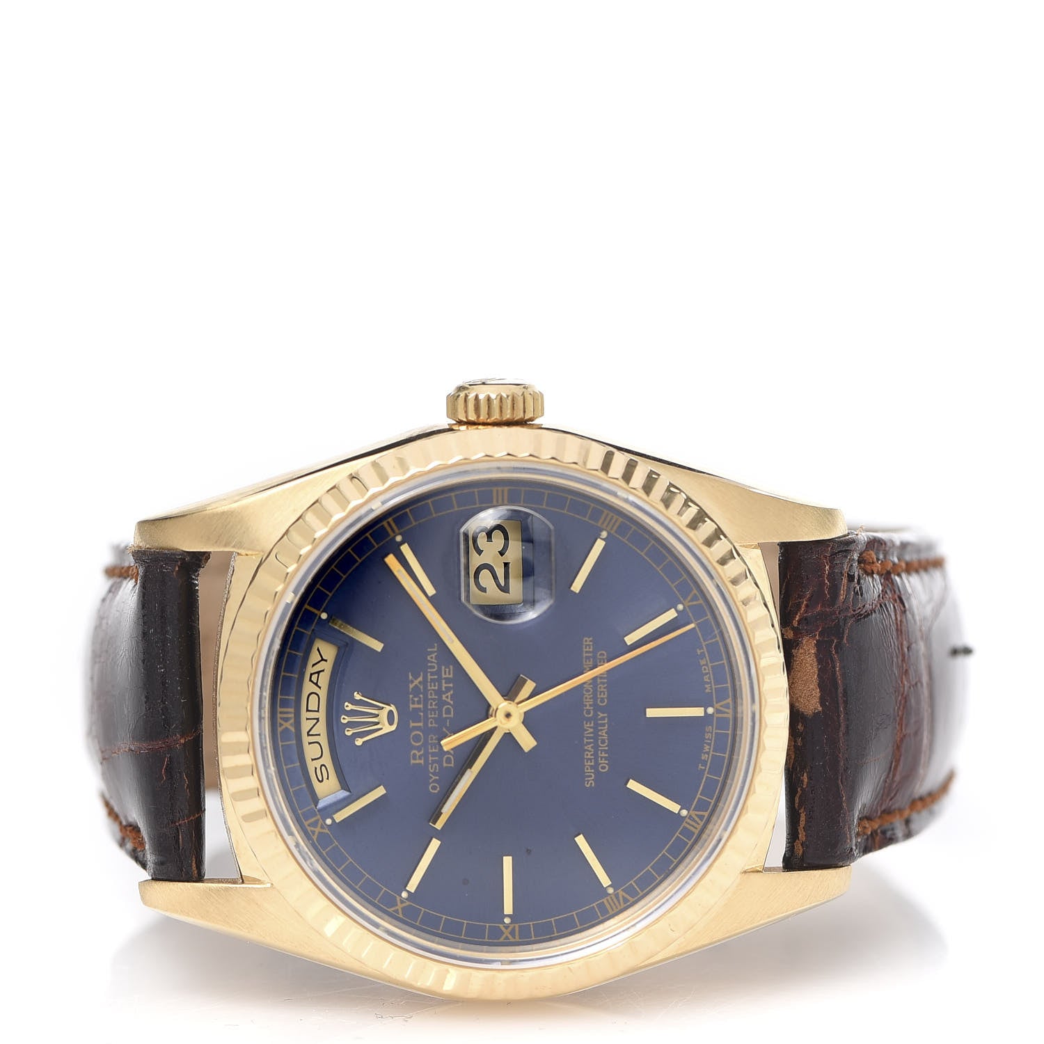 Rolex 18K Yellow Gold Alligator 36mm Oyster Perpetual Day-Date Watch Bright Blue 18238 3 of 8