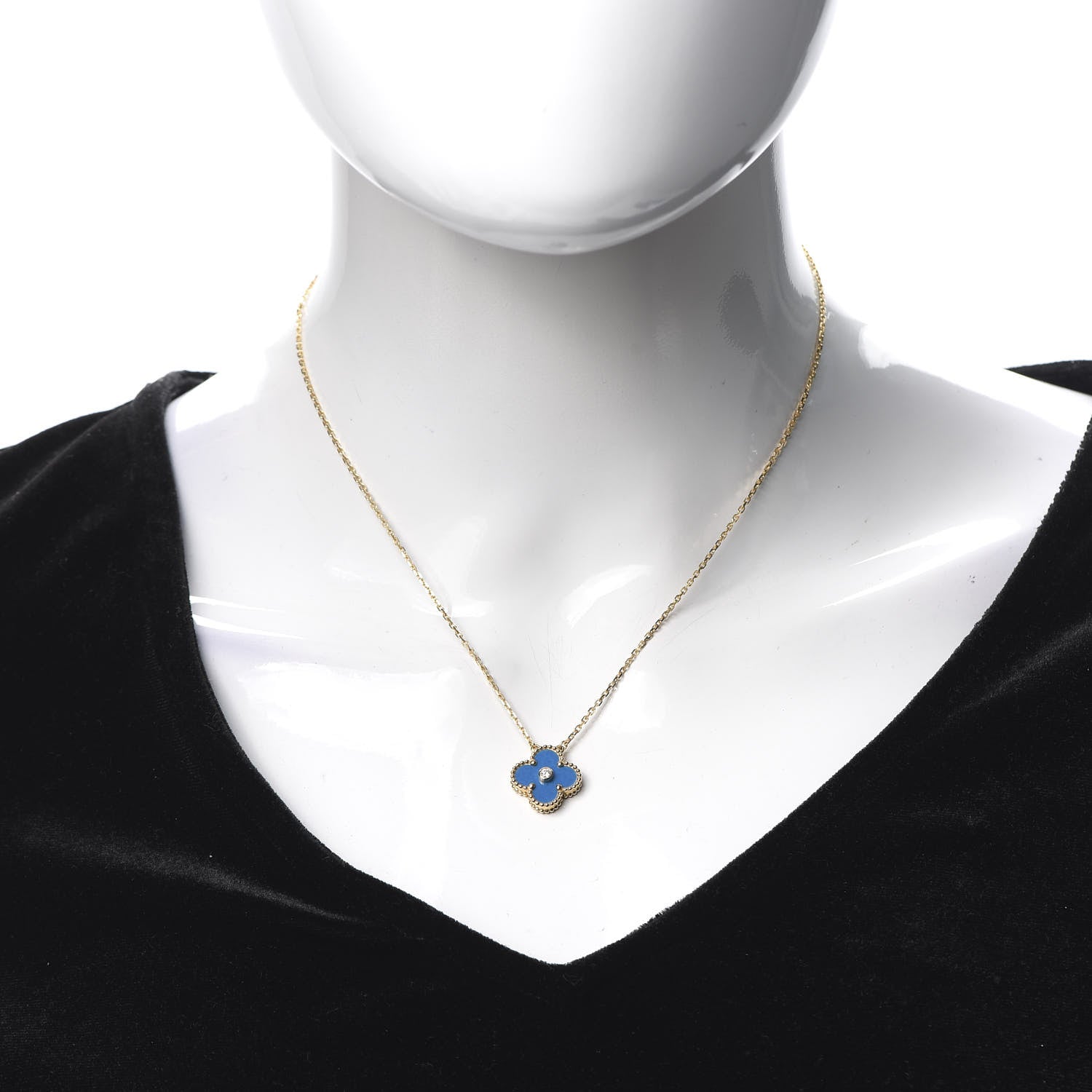 Van Cleef & Arpels 18K Yellow Gold Diamond Celestial Blue Sevres Porcelain Vintage Alhambra Pendant Necklace 2 of 8