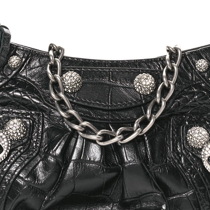 Balenciaga Extra Supple Calfskin Crocodile Embossed Crystal Le Cagole Mini Purse With Chain Black 8 of 10