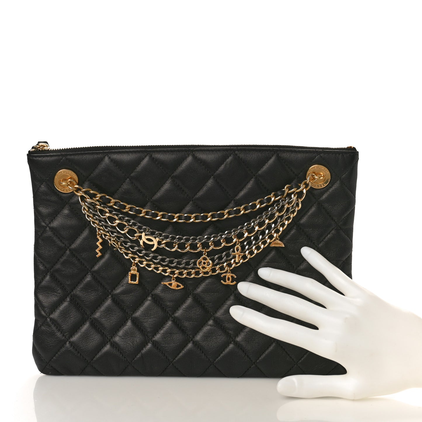 Lambskin Quilted Egyptian Amulet Zipped Pouch Black