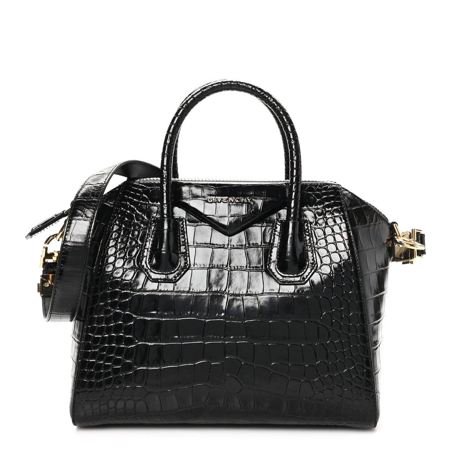 Calfskin Crocodile Embossed Small Antigona Black