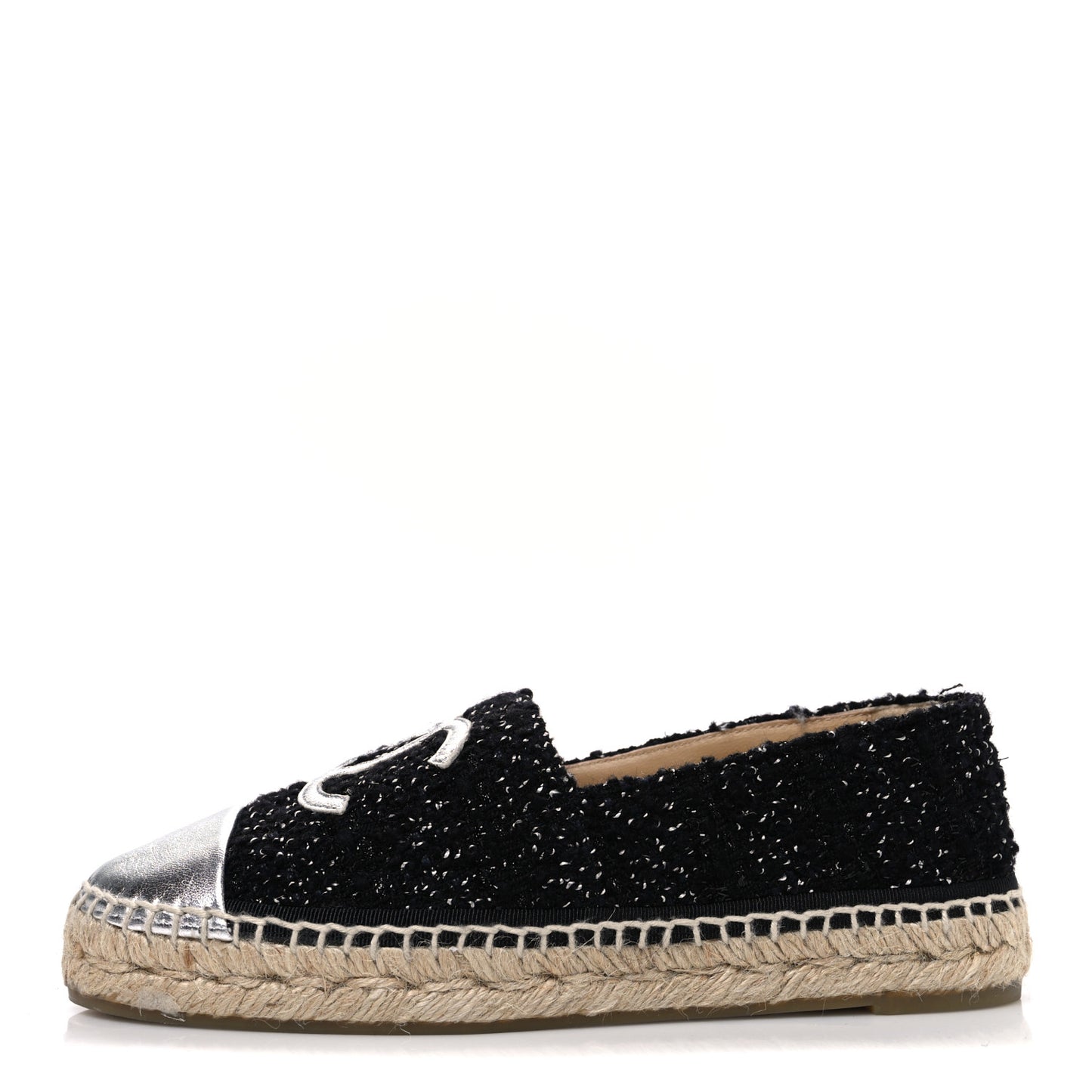 Laminated Lambskin Tweed CC Espadrilles 37 Black White Silver