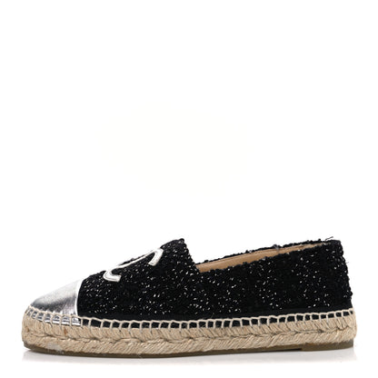 Chanel Laminated Lambskin Tweed CC Espadrilles 37 Black White Silver 1 of 11