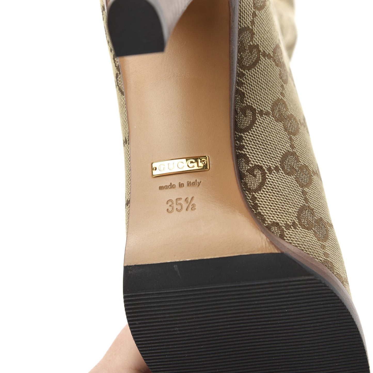 Monogram Malaga Kid Lisa Mid Heel Boots 35.5 Beige Ebony