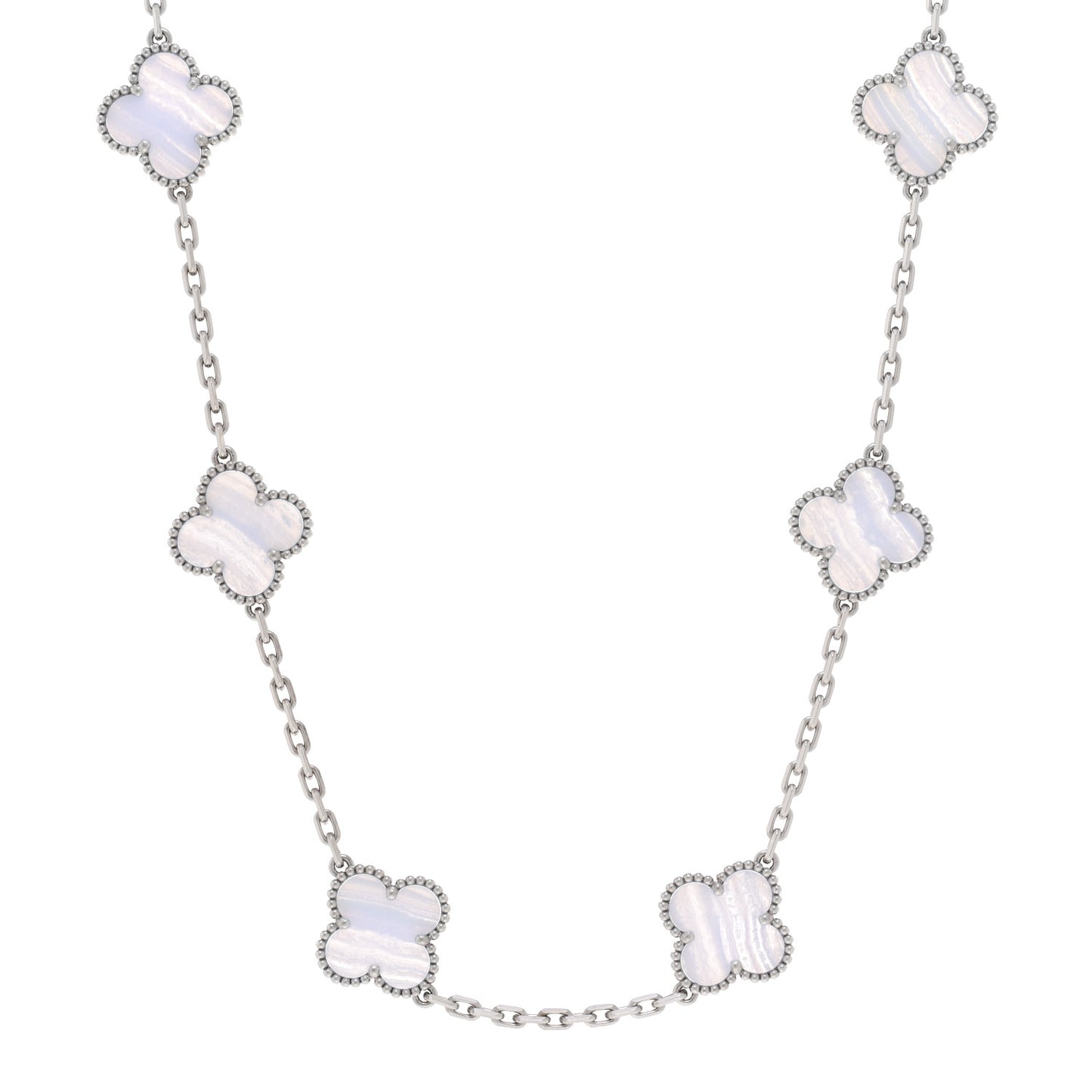 18K White Gold Chalcedony 10 Motifs Vintage Alhambra Necklace