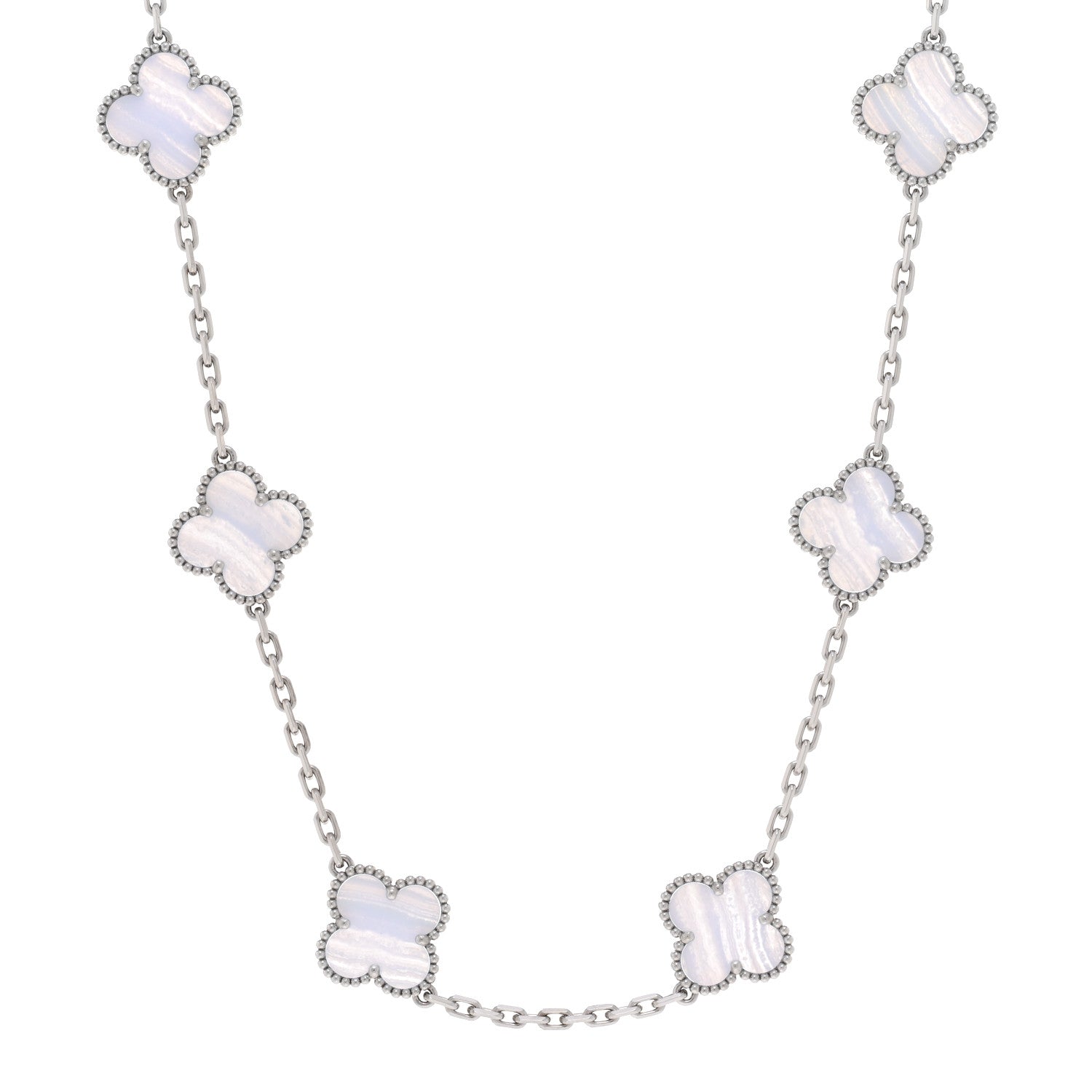 Van Cleef & Arpels 18K White Gold Chalcedony 10 Motifs Vintage Alhambra Necklace 1 of 5