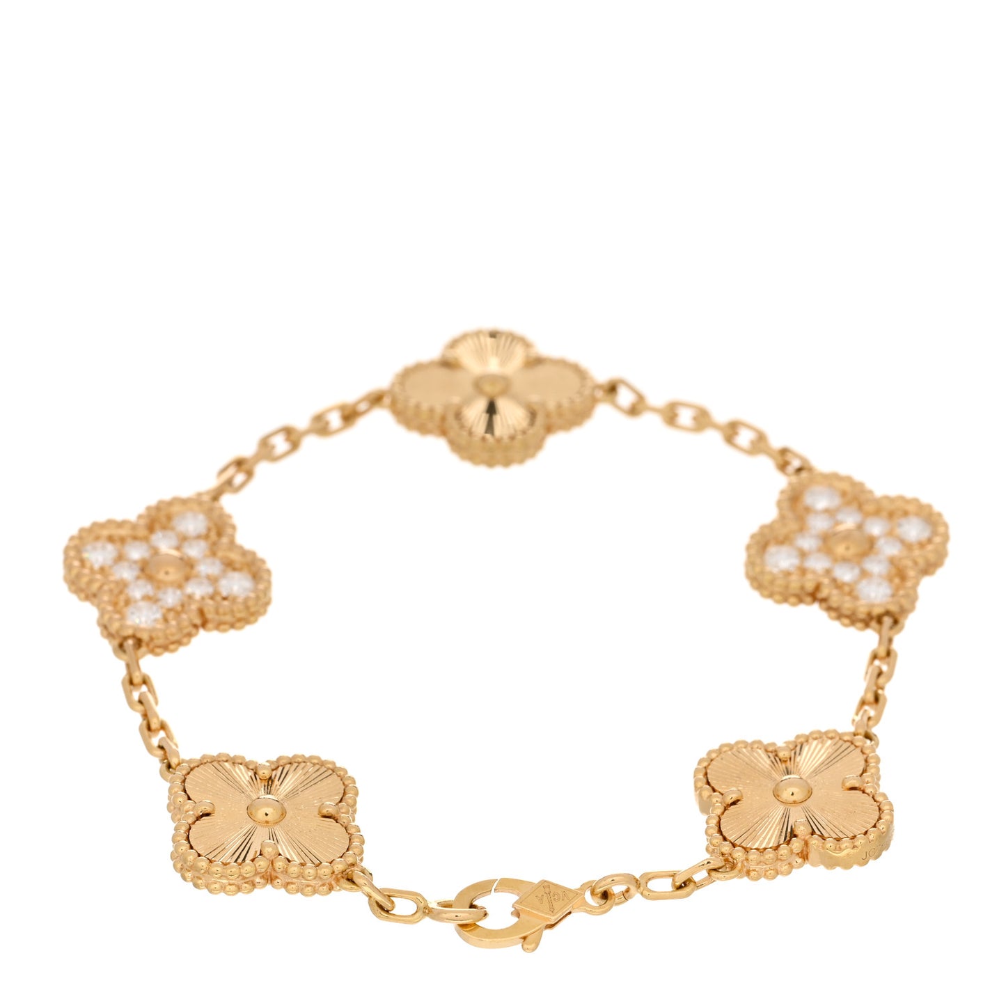 18K Yellow Gold Diamond 5 Motifs Guilloche Vintage Alhambra Bracelet