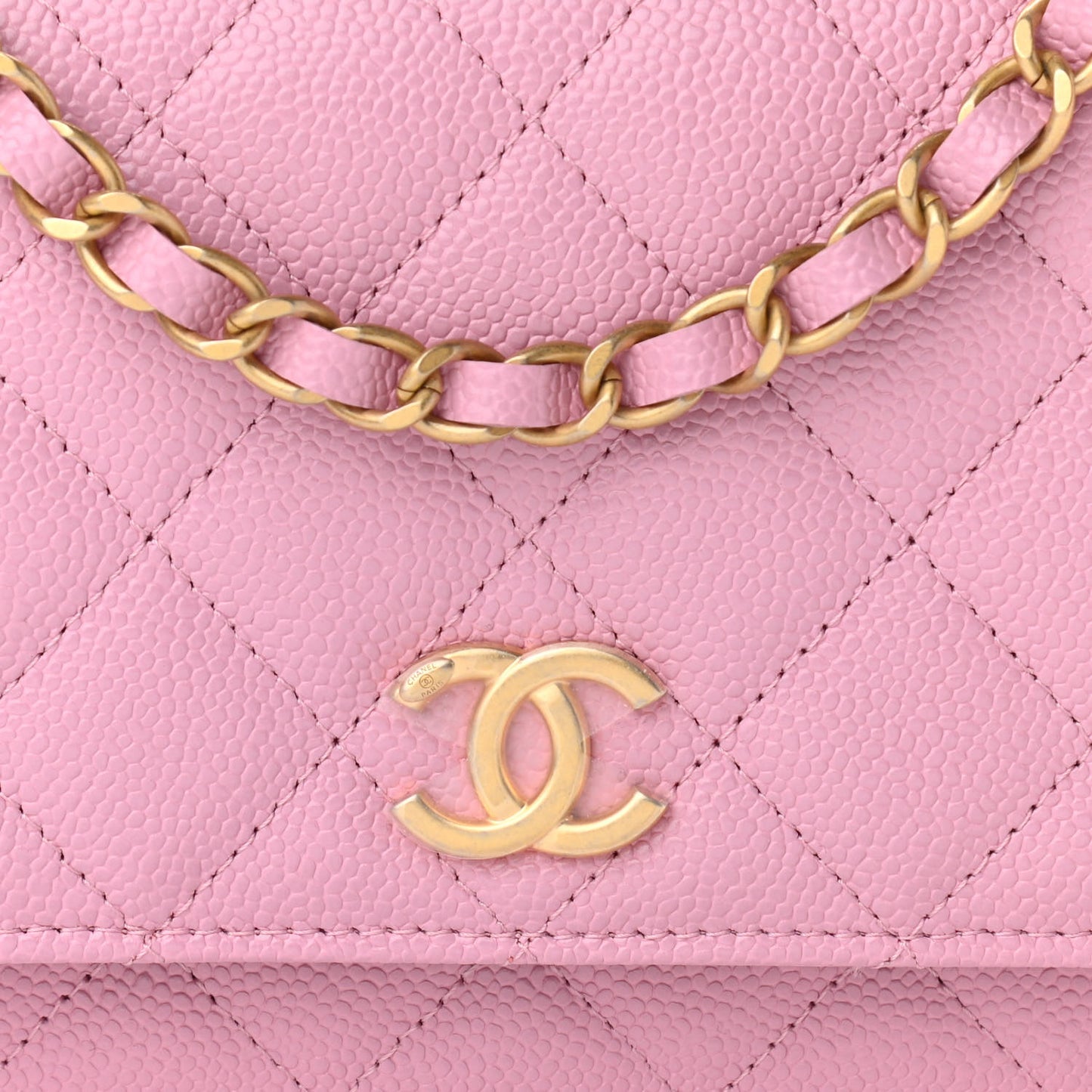 Shiny Caviar Quilted Pick Me Up Wallet On Chain WOC Pink