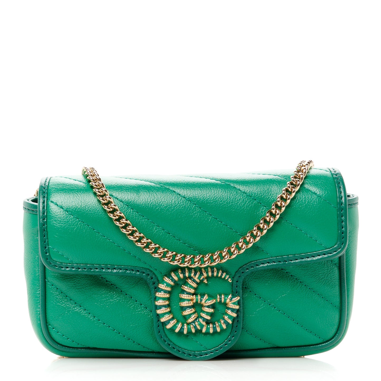 Azalea Calfskin Enamel Matelasse Diagonal Super Mini Torchon GG Marmont Shoulder Bag New Shamarock Emerald