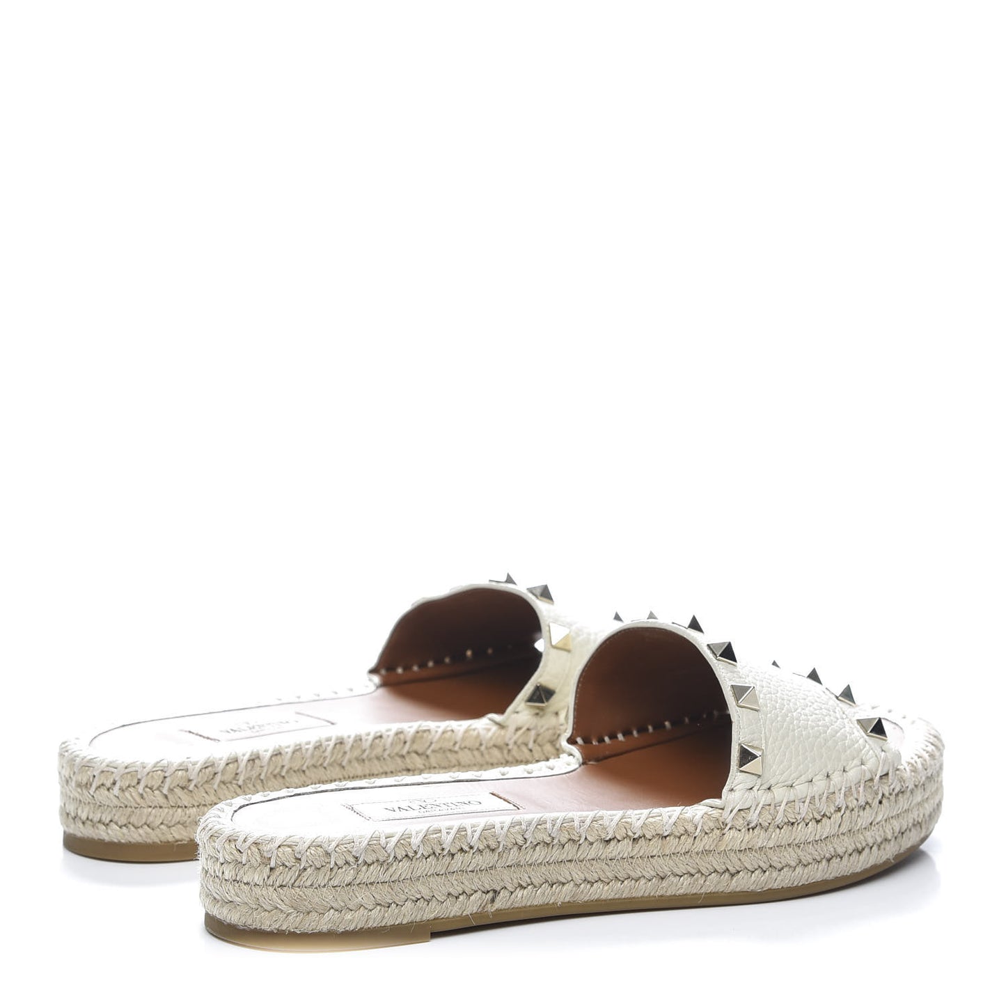 Grained Calfskin Rockstud Espadrille Flat Slide Sandals 36 Ivory