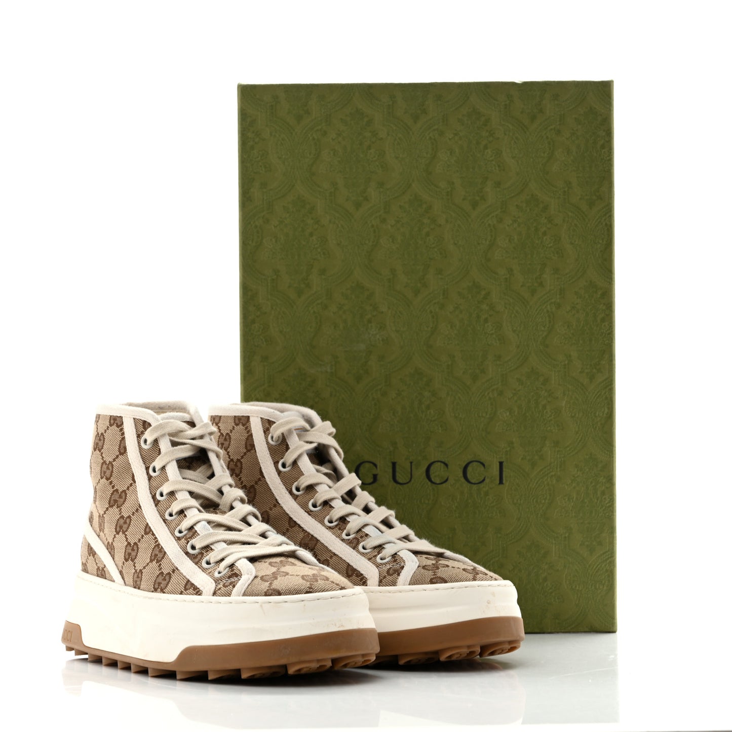 New Canvas GG Monogram Womens Tennis 1977 High Top 55mm Platform Sneakers 38.5 Beige Ebony Mystic White