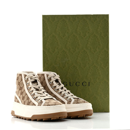 Gucci New Canvas GG Monogram Womens Tennis 1977 High Top 55mm Platform Sneakers 38.5 Beige Ebony Mystic White 12 of 12