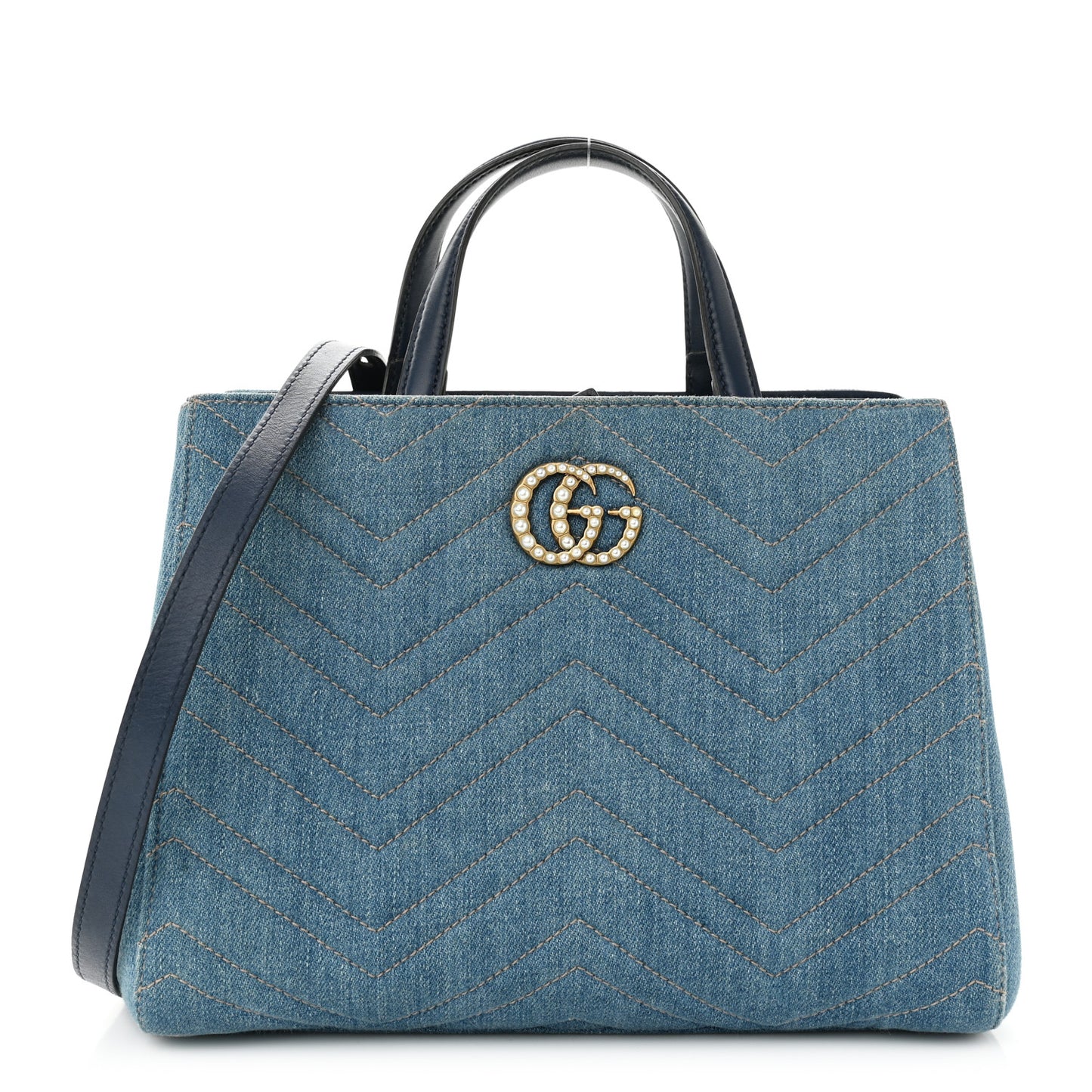 Denim Matelasse Small Pearly GG Marmont Tote Blue