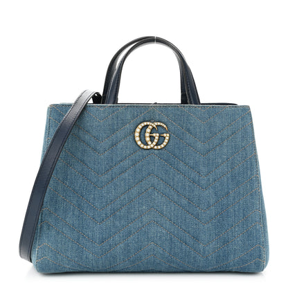 Gucci Denim Matelasse Small Pearly GG Marmont Tote Blue 1 of 15