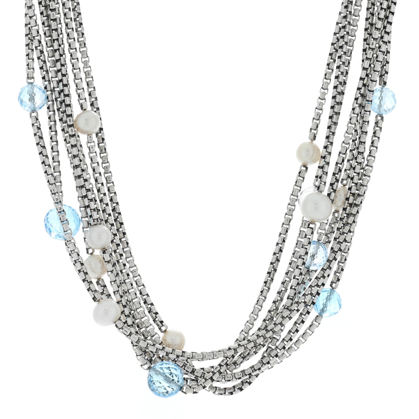 Sterling Silver 18K Yellow Gold Freshwater Cultured Pearl Blue Topaz Multi Strand Necklace