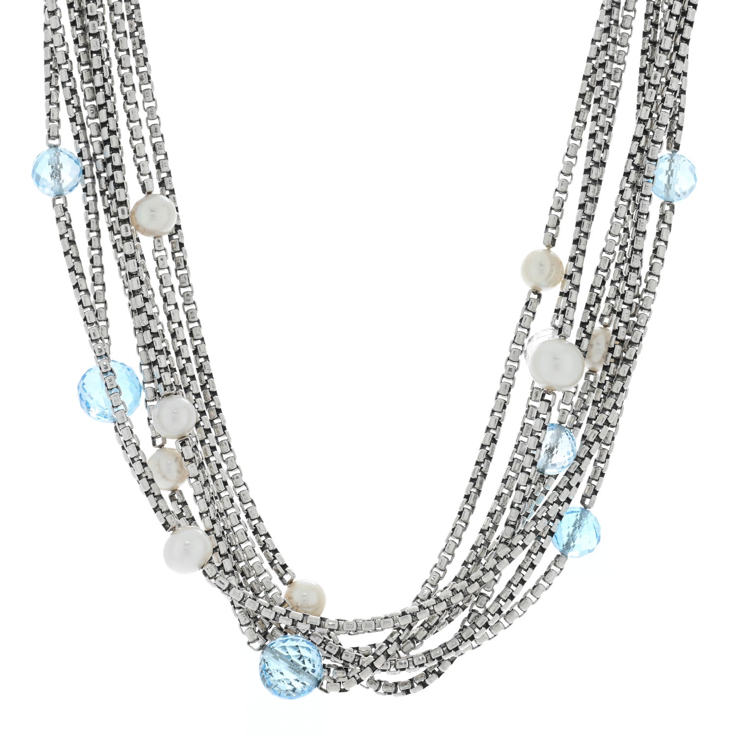 David Yurman Sterling Silver 18K Yellow Gold Freshwater Cultured Pearl Blue Topaz Multi Strand Necklace 1 of 5