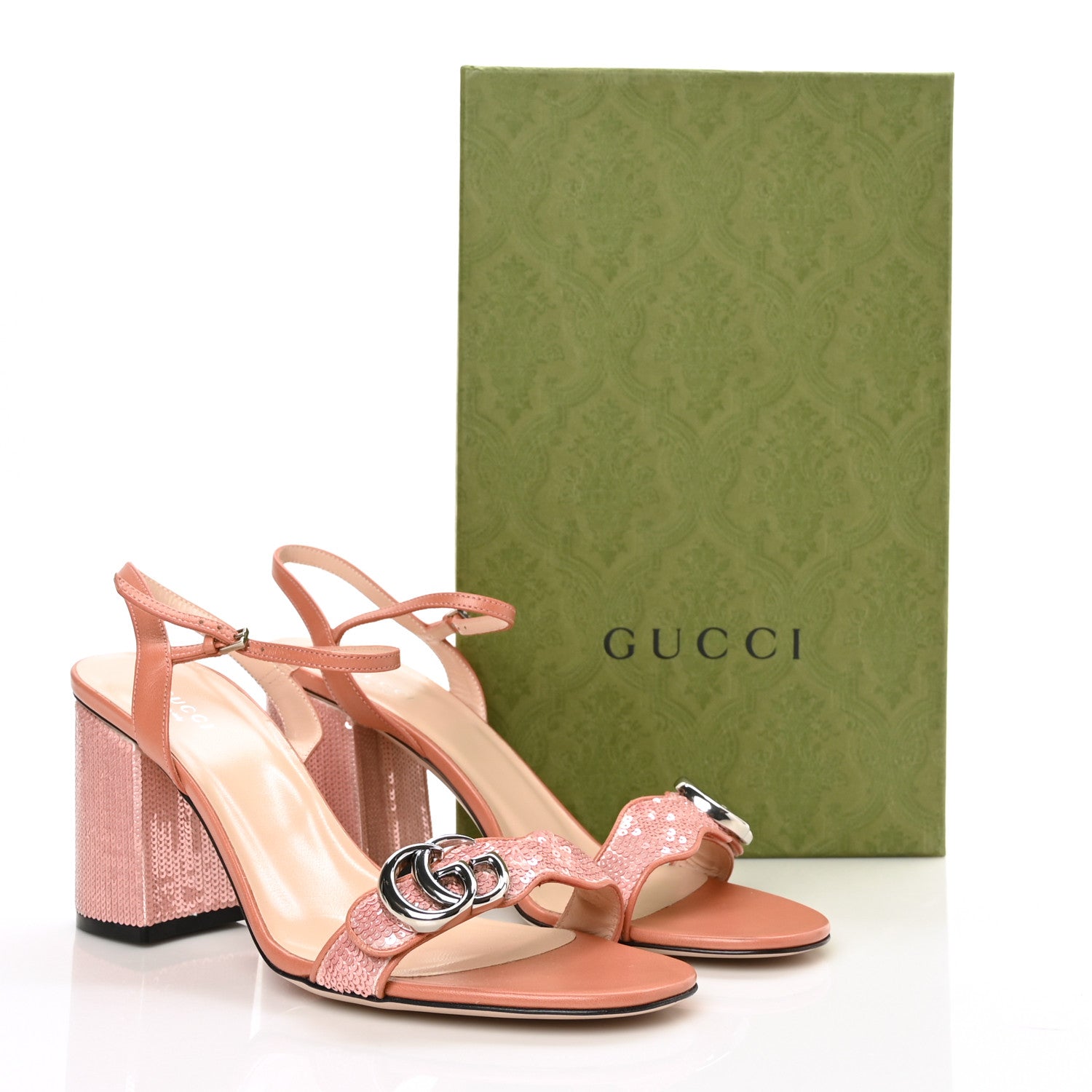 Gucci Sequin Satin Malaga Kid GG Marmont Ankle Wrap 75mm Sandals 40.5 Antique Rose Rosa Pale Pink 8 of 8