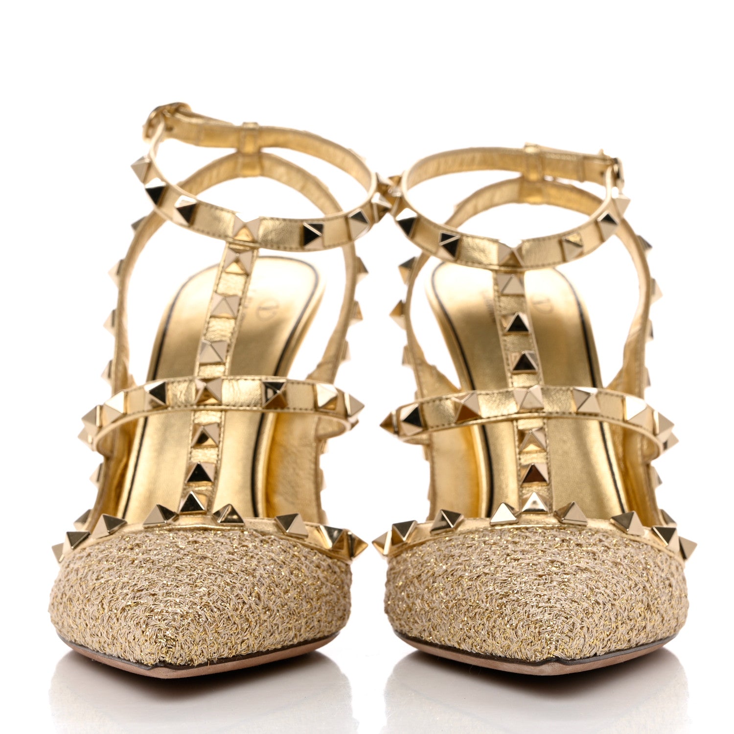 Valentino Garavani Boucle Raffia Metallic Calfskin Rockstud Ankle Strap 100mm Pumps 35 Gold Mekong 2 of 9