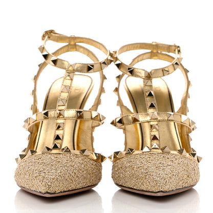 Valentino Garavani Boucle Raffia Metallic Calfskin Rockstud Ankle Strap 100mm Pumps 35 Gold Mekong 2 of 9