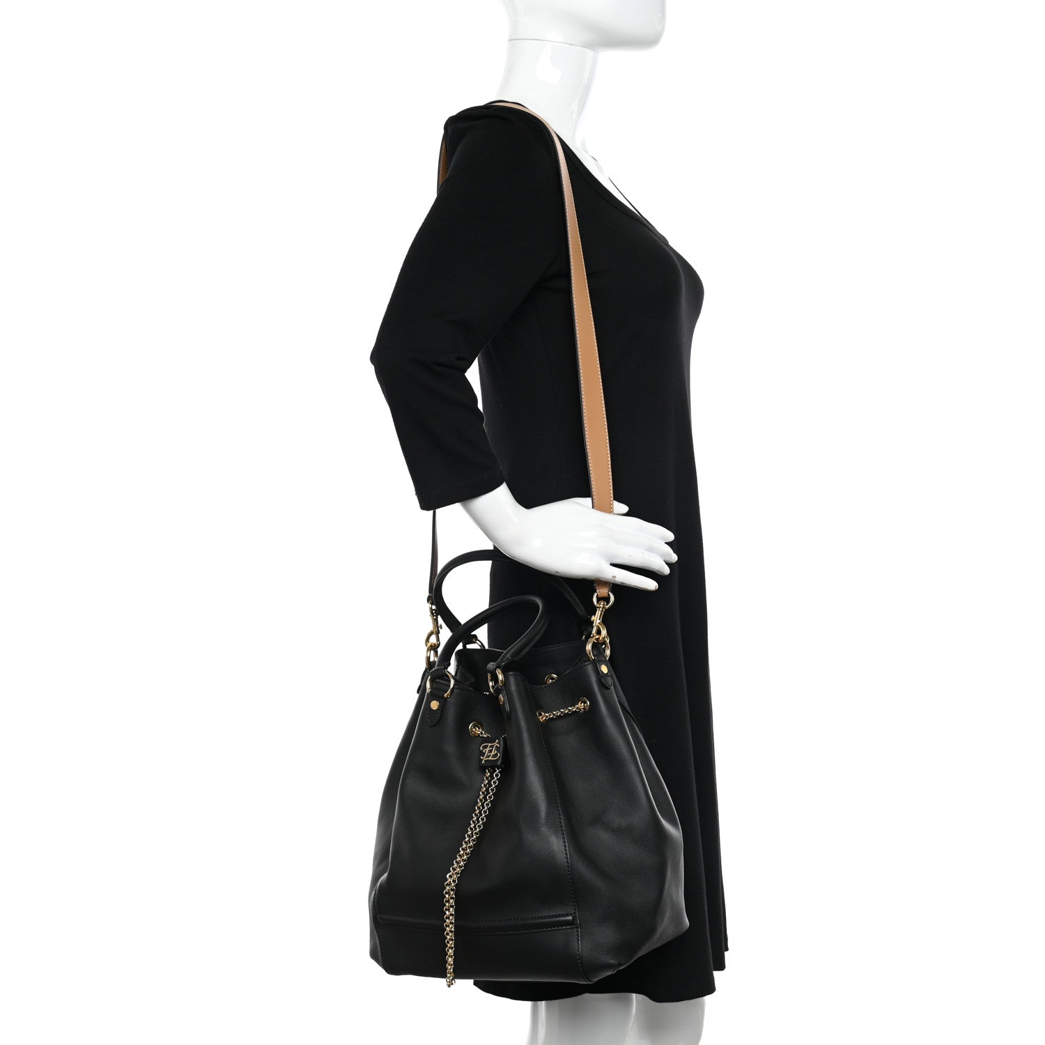 Fendi Vitello Grace King Karligraphy Chain Bucket Bag Black Bisquit 2 of 13