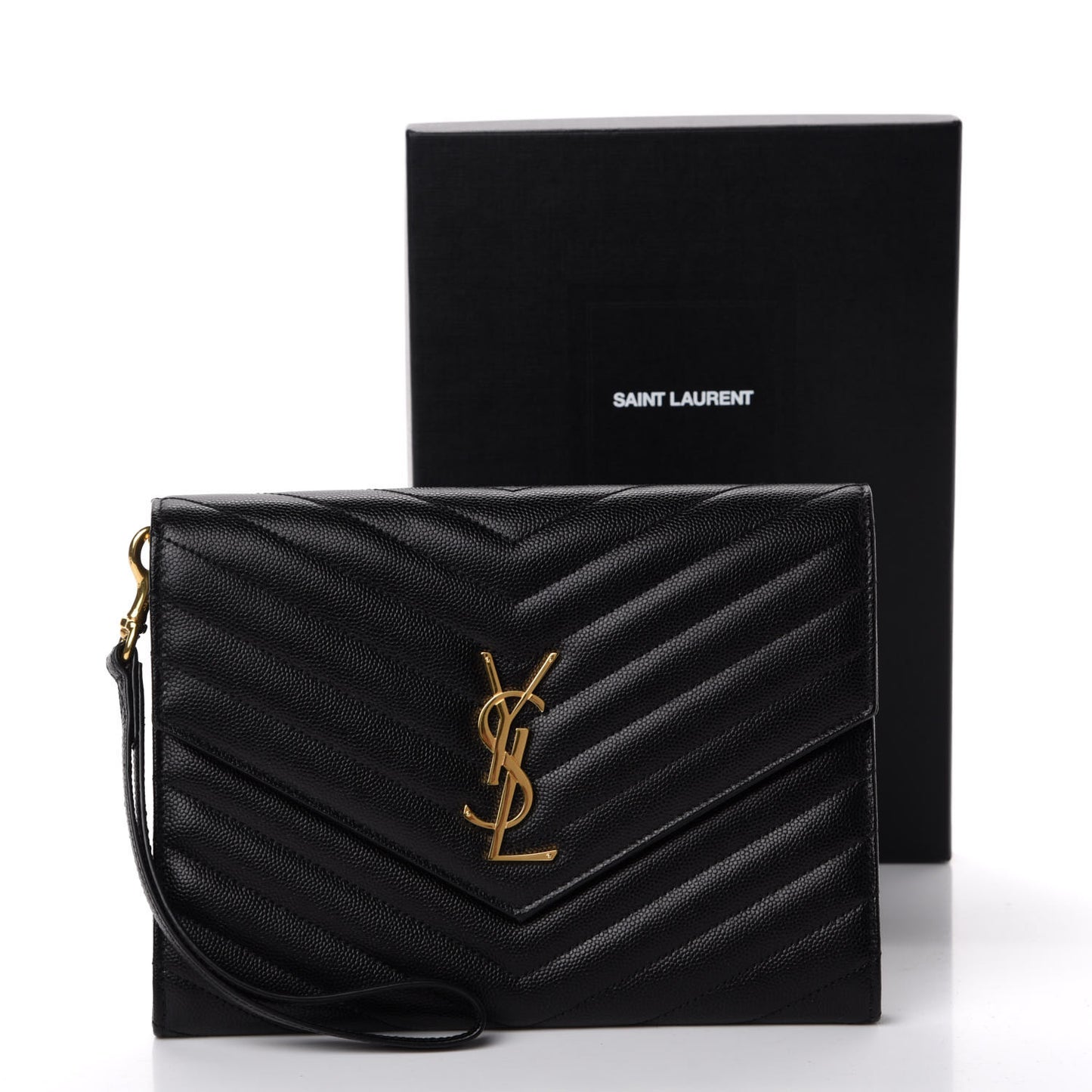 Grain De Poudre Matelasse Chevron Monogram Envelope Clutch Black