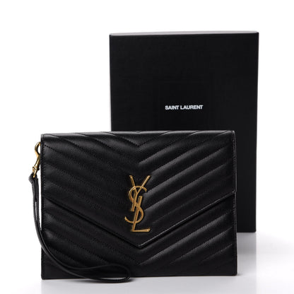 Saint Laurent Grain De Poudre Matelasse Chevron Monogram Envelope Clutch Black 11 of 11