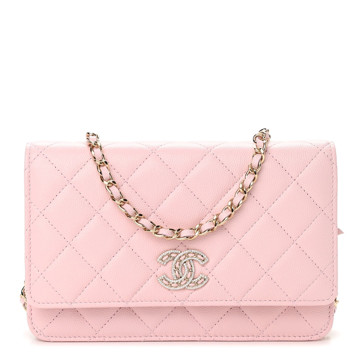 Caviar Quilted Crystal CC Wallet On Chain WOC Light Pink