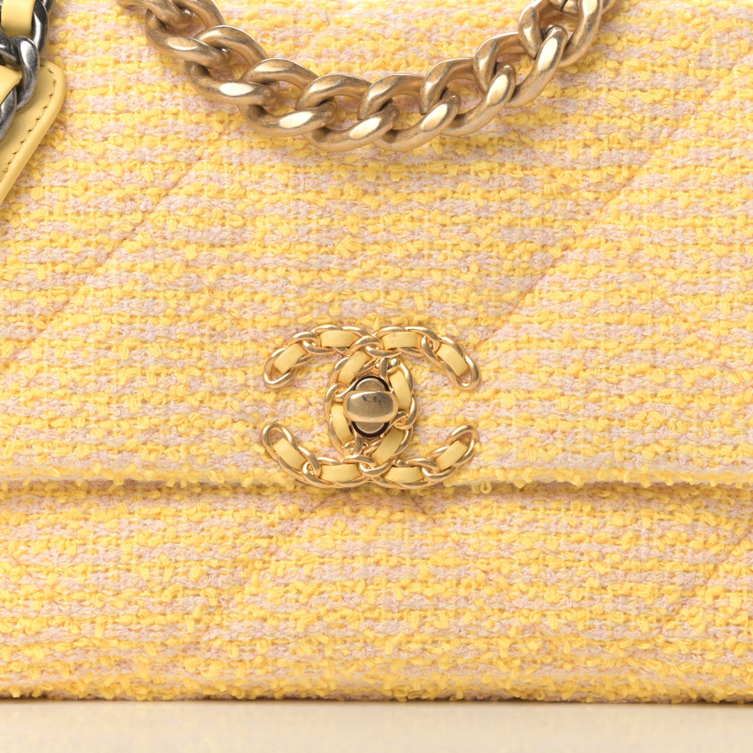 Chanel Tweed Quilted Medium Chanel 19 Flap Yellow Pink 8 of 11