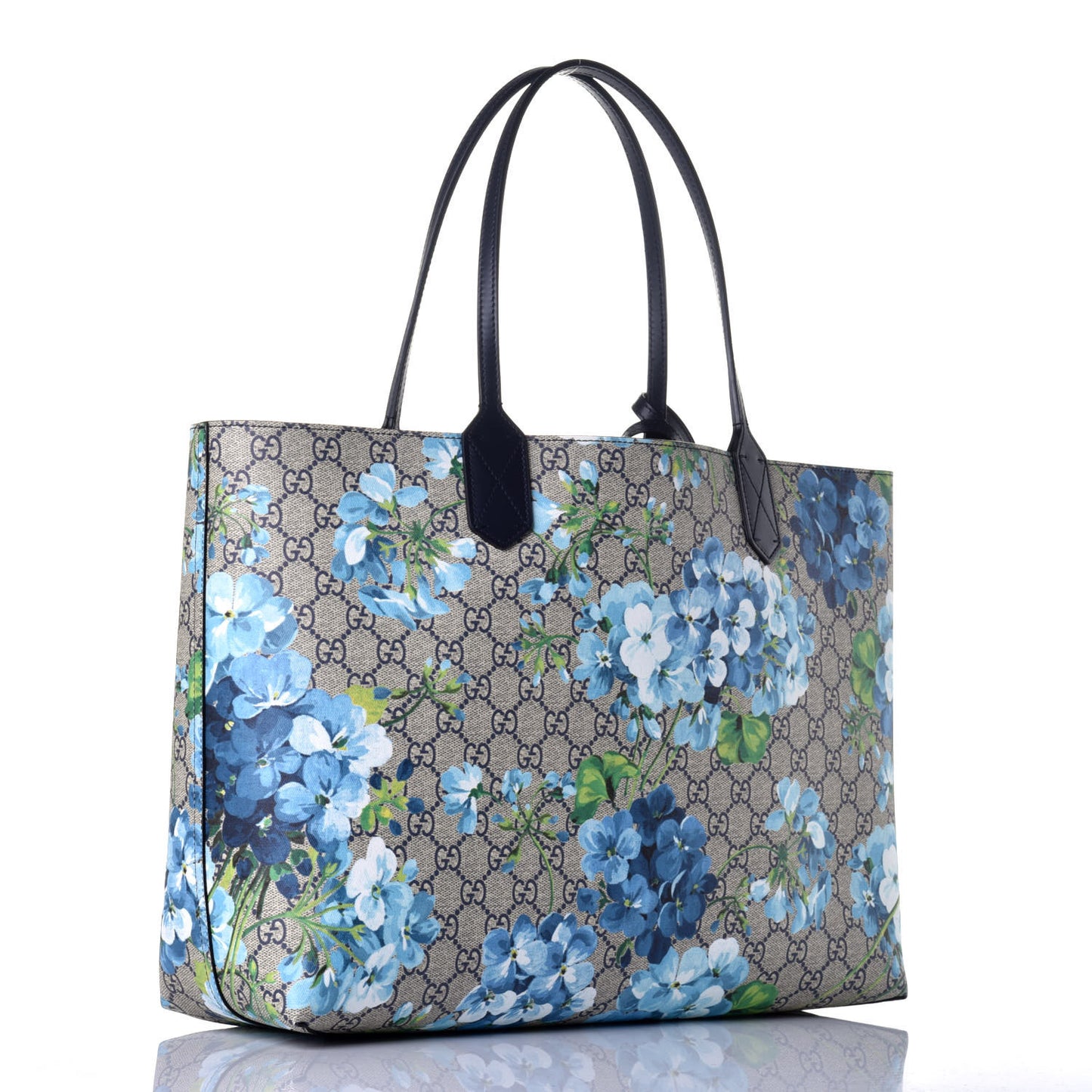 GG Supreme Monogram Blooms Medium Reversible Tote Beige Blue Navy