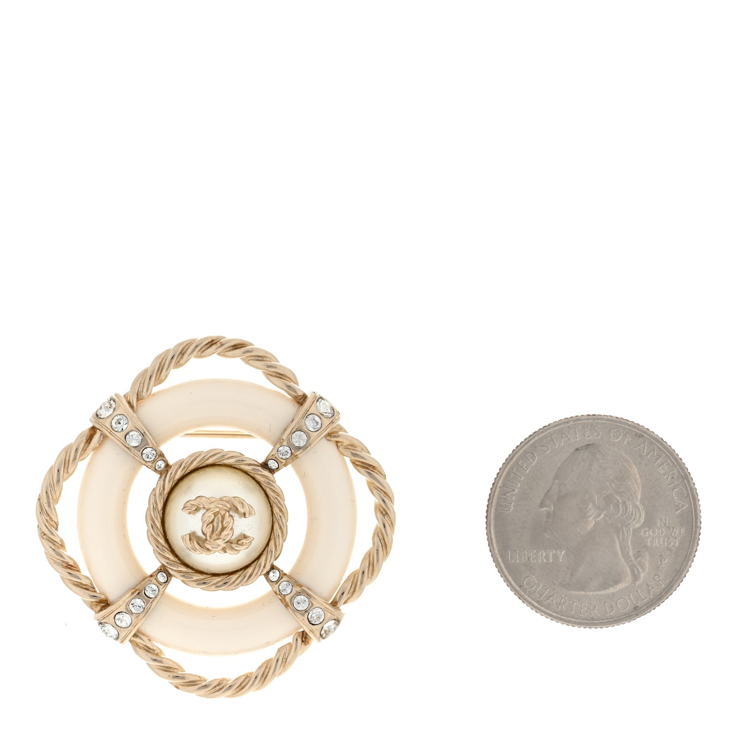 Pearl Crystal CC Brooch Gold White