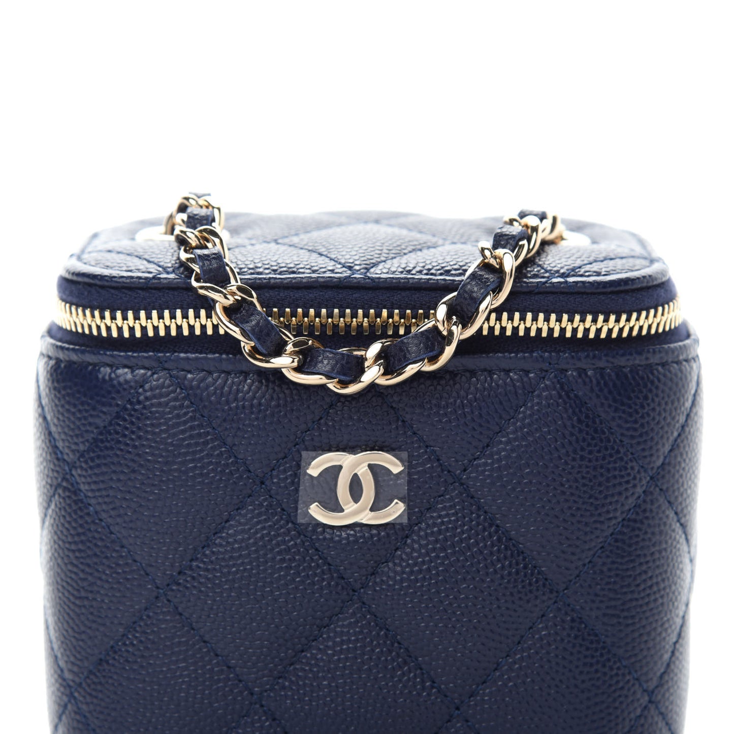 Caviar Quilted Mini Vanity Case With Chain Navy Blue