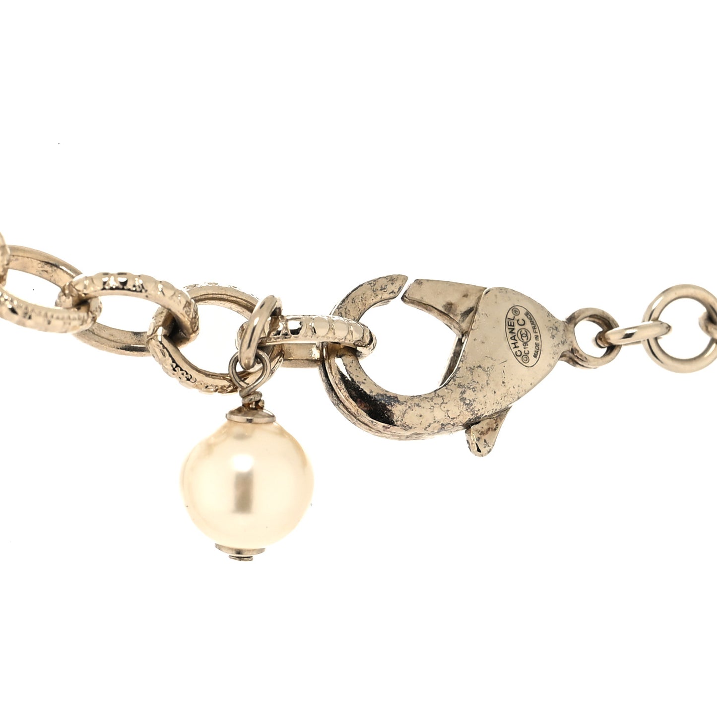 Crystal Pearl Logo Charm Necklace Gold