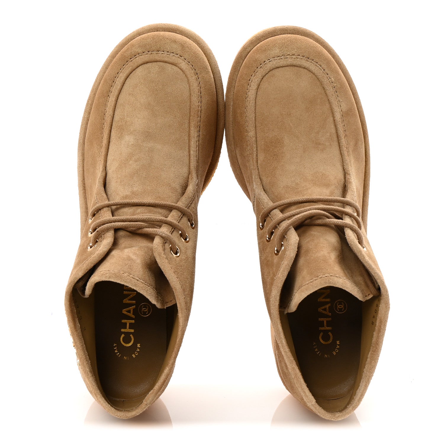 Chanel Suede Calfskin Lace Up Wedge Booties 40.5 Beige 2 of 10