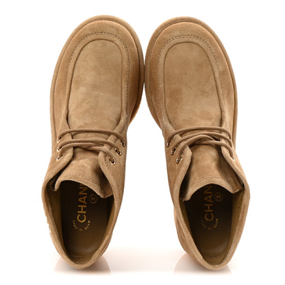 Chanel Suede Calfskin Lace Up Wedge Booties 40.5 Beige 2 of 10