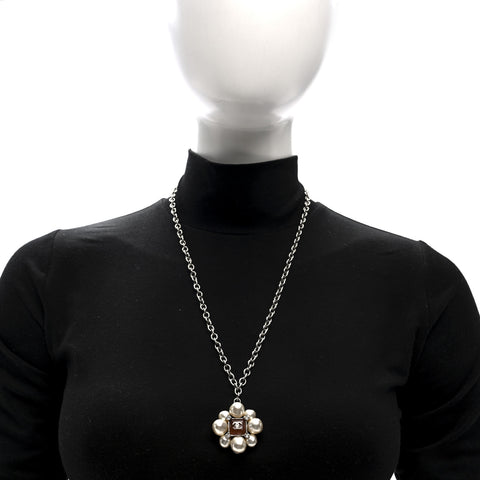 Gripoix Pearl Crystal CC Pendant Necklace Silver