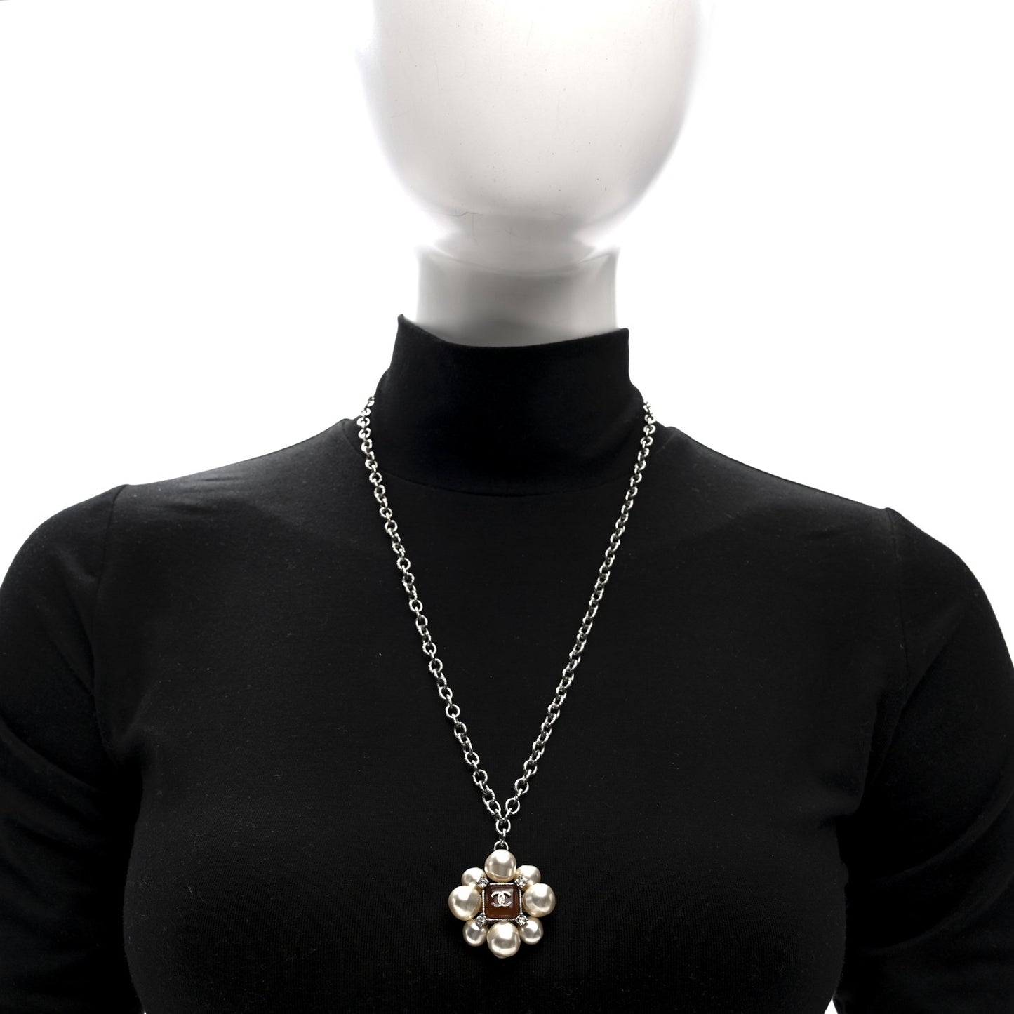 Gripoix Pearl Crystal CC Pendant Necklace Silver
