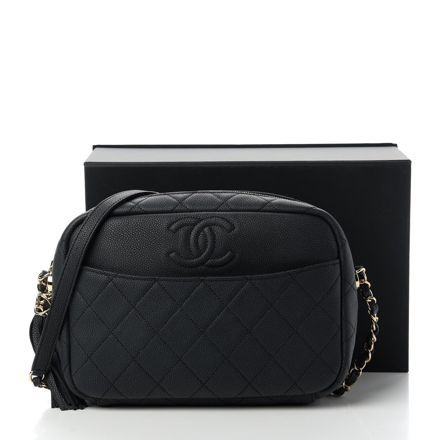 Iridescent Caviar Quilted Small Coco Tassel Camera Case Black