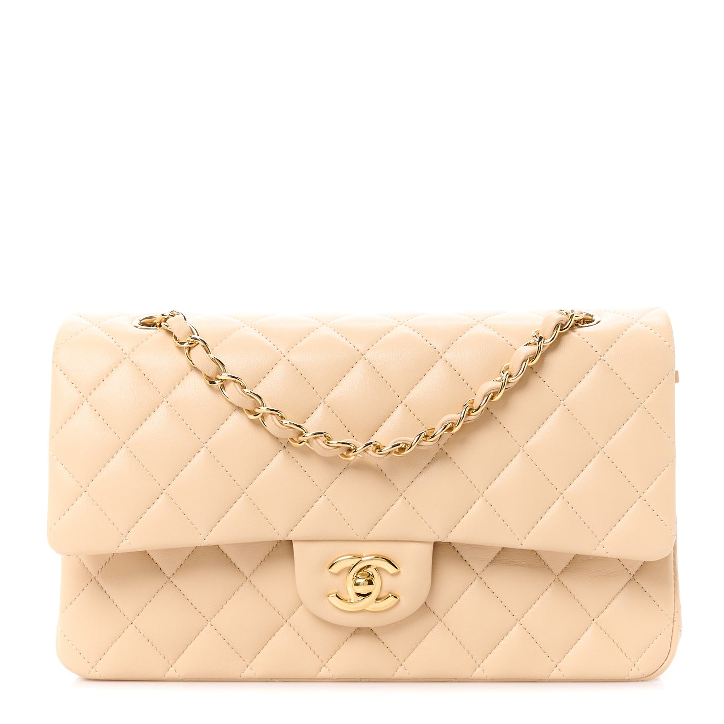Lambskin Quilted Medium Double Flap Beige