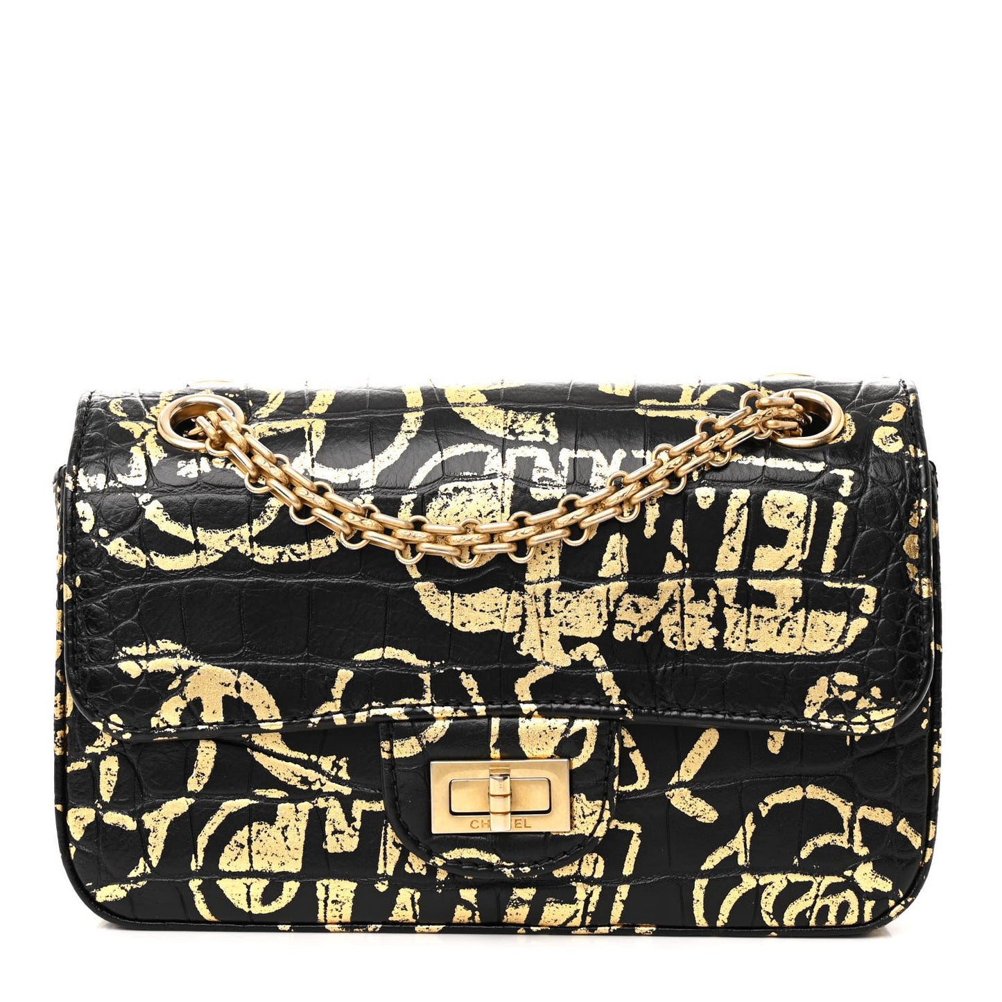 Calfskin Crocodile Embossed Graffiti 2.55 Mini Cocodile Reissue Flap Black Gold