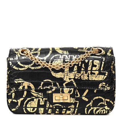 Chanel Calfskin Crocodile Embossed Graffiti 2.55 Mini Cocodile Reissue Flap Black Gold 1 of 10