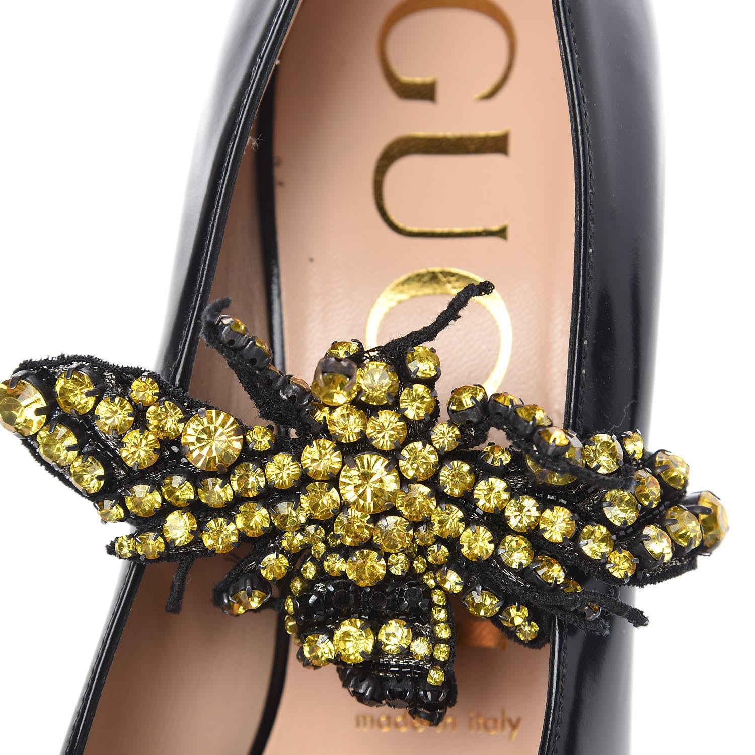 Gucci Polished Calfskin Removable Bee Elaisa Platform High Heel Pumps 37 Black 10 of 10