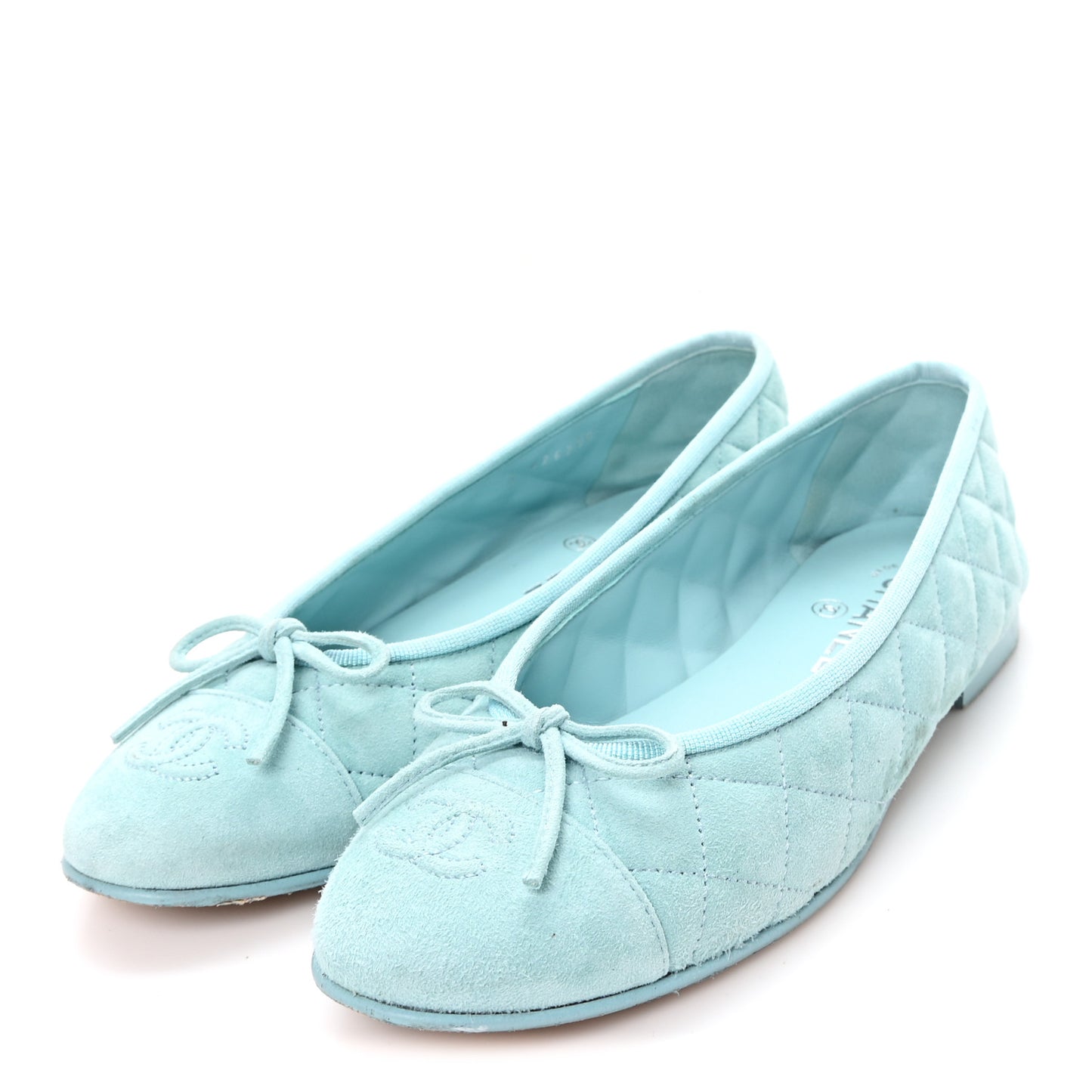 Suede Calfskin Quilted Cap Toe CC Ballerina Flats 38 Light Blue